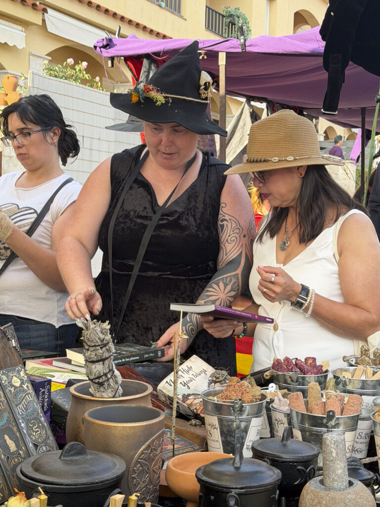 Visitants en una parada d'herbes, calderes i llibres de bruixeria al mercat de la Festa de la Malvaella 2026